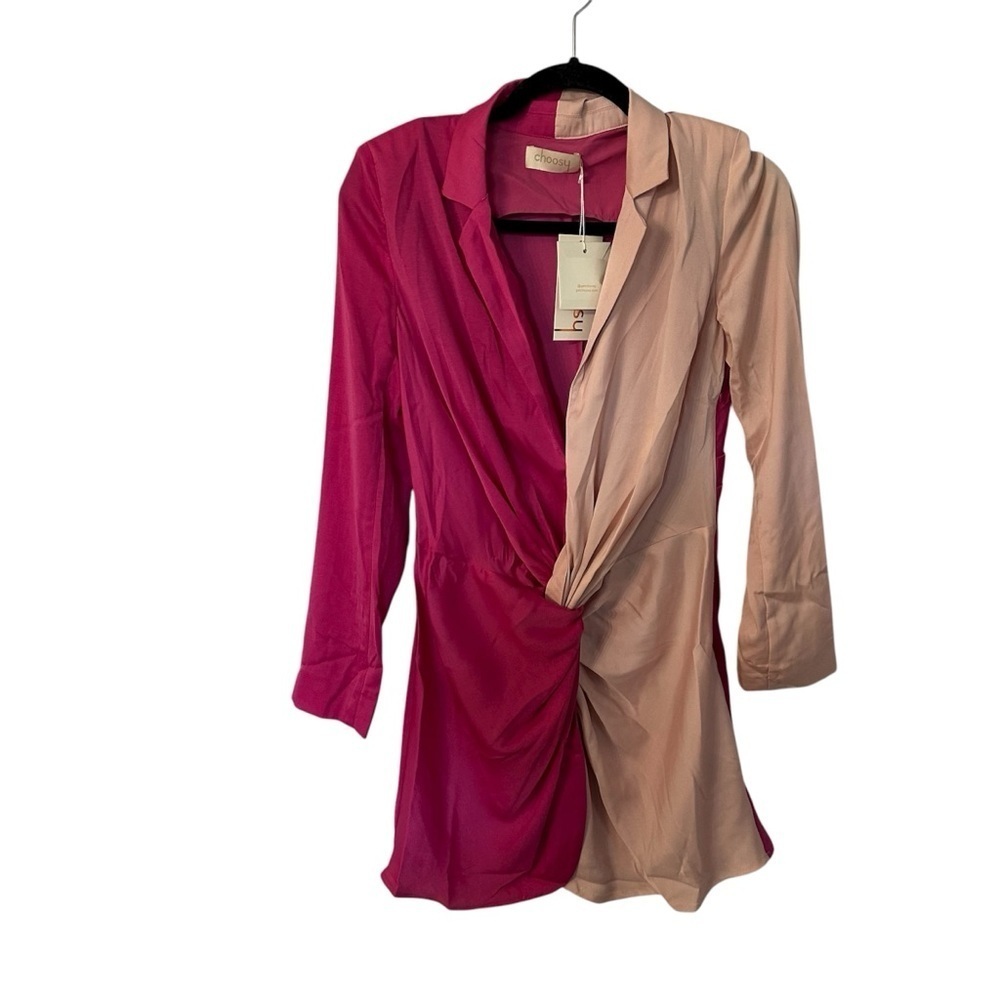 Choosy Womens Long Sleeve Deep V-Neck Twisted Front Two-Tone Pink Dress Sz 2 NWT